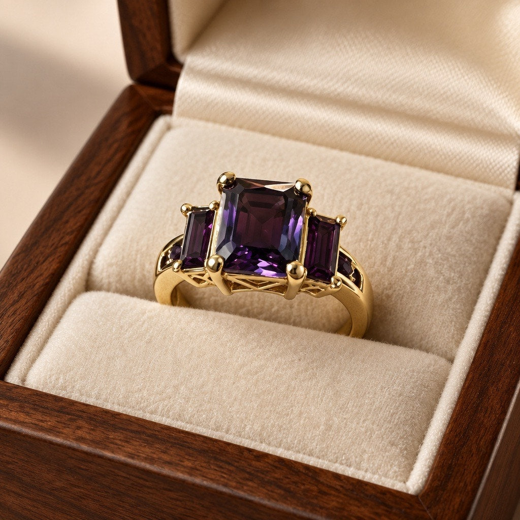 Royalty in Gold: The Majestic Emerald-Cut Purple Gemstone Statement Ring size 9.5-10