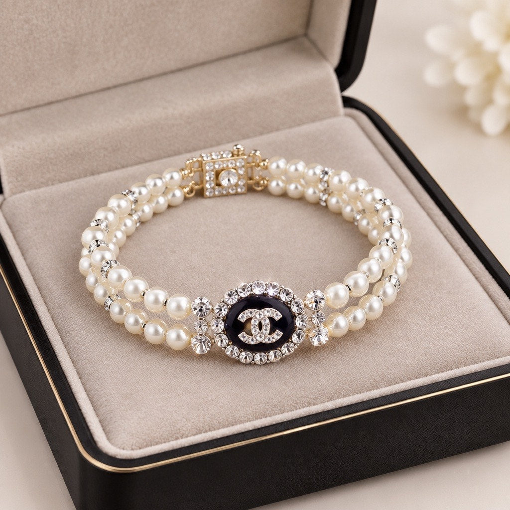 Luxury Double Strand Glass Pearl Bracelet, Heavy Crystal Black Enamel Statement Cuff