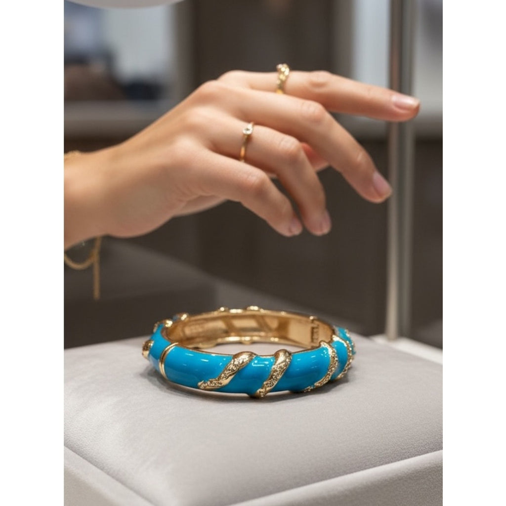 Premier Designs Vintage Turquoise Enamel Gold Hinged Bangle Bracelet