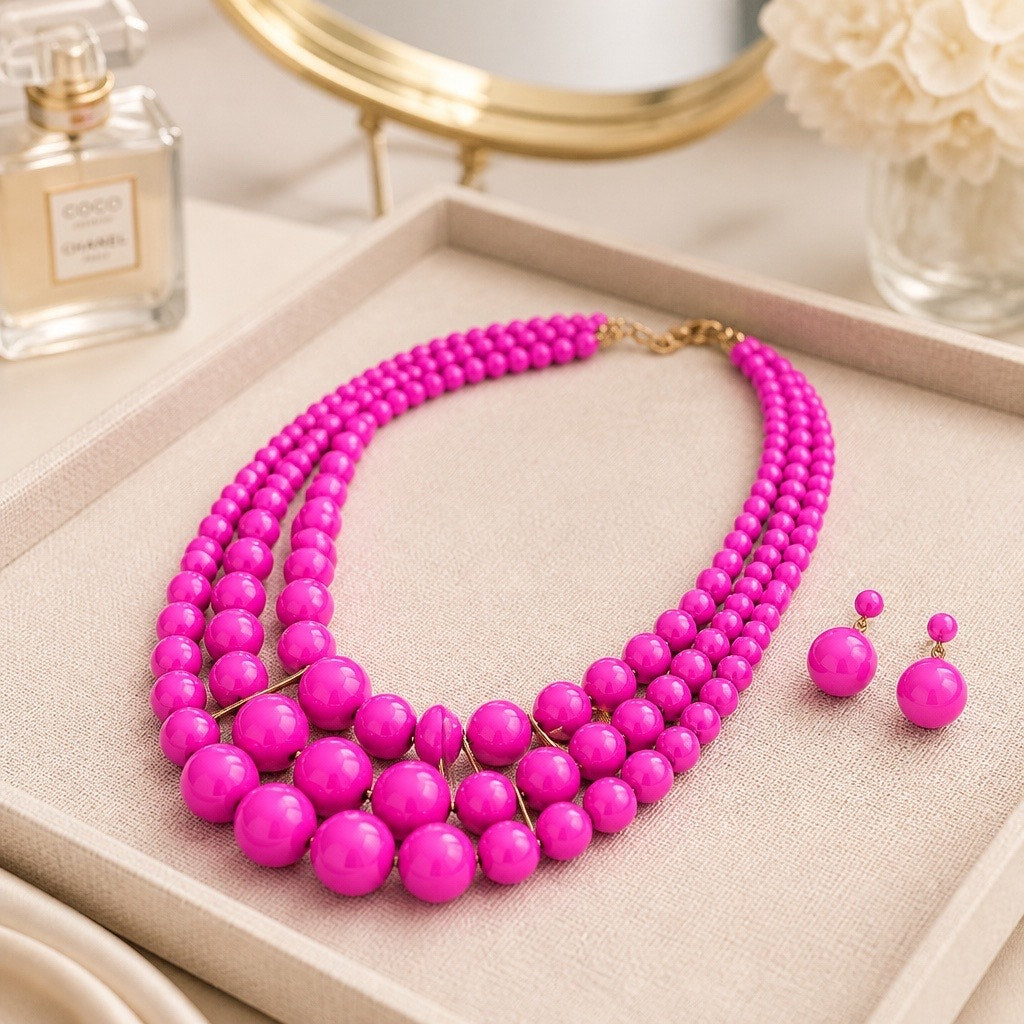 The Barbiecore Bib Set – Ultra Pink Multi-Strand Statement Necklace & Earrings