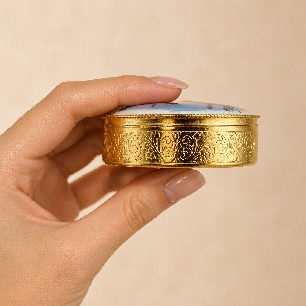 Vintage Italian Porcelain Firenze Ponte Vecchio Gold Hinged Pill Box