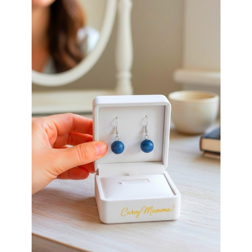 Boho Denim Blue Round Wooden Bead Drop Earrings