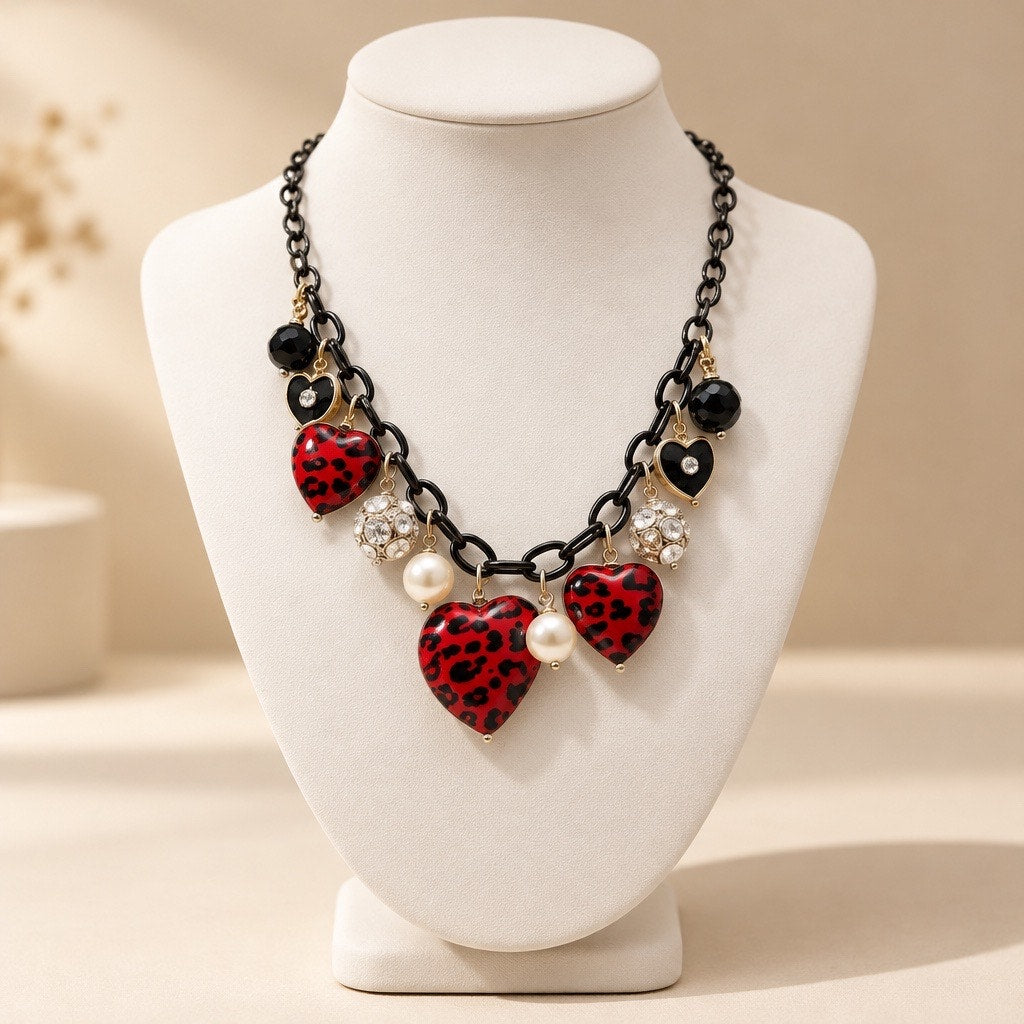 c.1994 Leopard Print Heart Charm Necklace, Maximalist Rock Romantic Collar