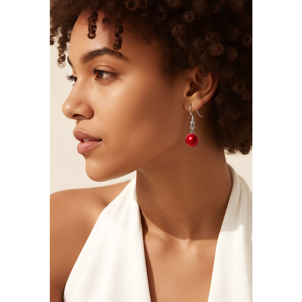 Scarlet Red Pearl Bead Drop Earrings — Dainty Silver-Tone Dangles