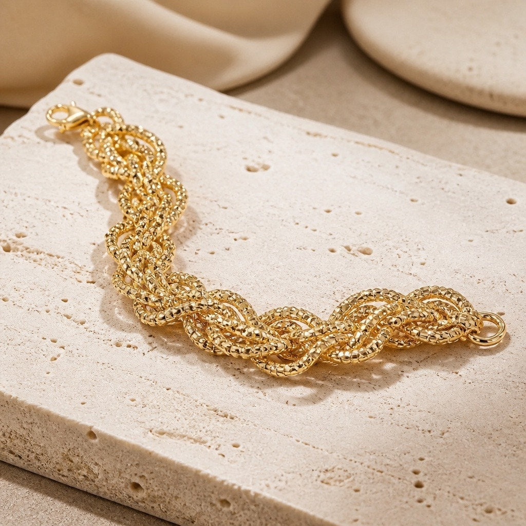 1970s Vintage Italian 18K Yellow Gold Plated Braided Mesh Statement Link Bracelet