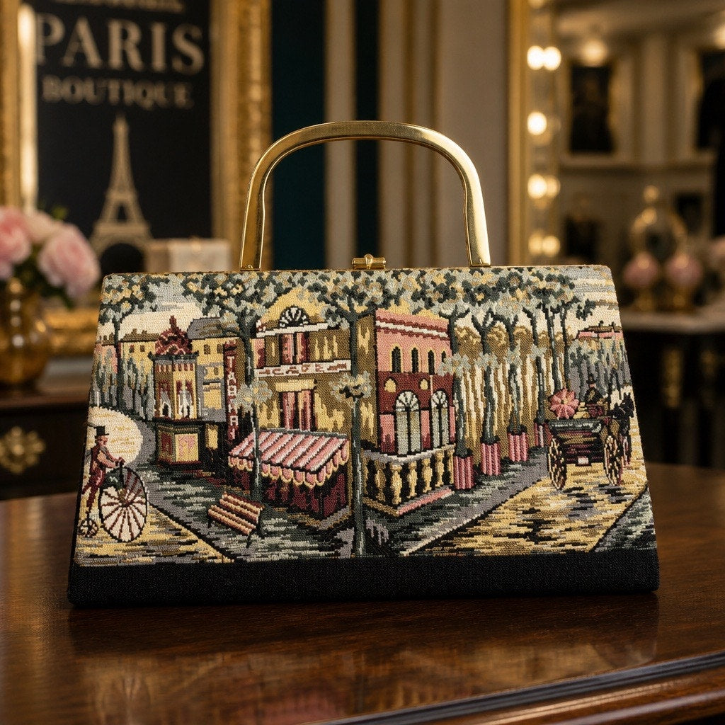 Midnight in Paris ✨ Vintage Mid Century Woven Tapestry Evening Clutch Bag