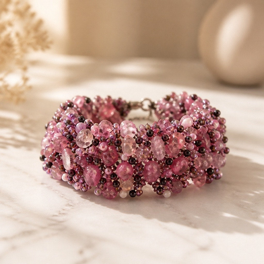 The Orchid Weaver Cuff – Intricate Multi-Tone Pink Beaded Cluster Bracelet