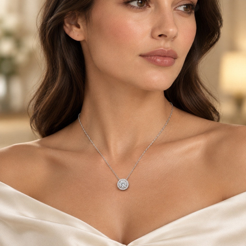 Genuine 1 Carat Moissanite Halo Pendant Necklace, Solid 925 Sterling Silver