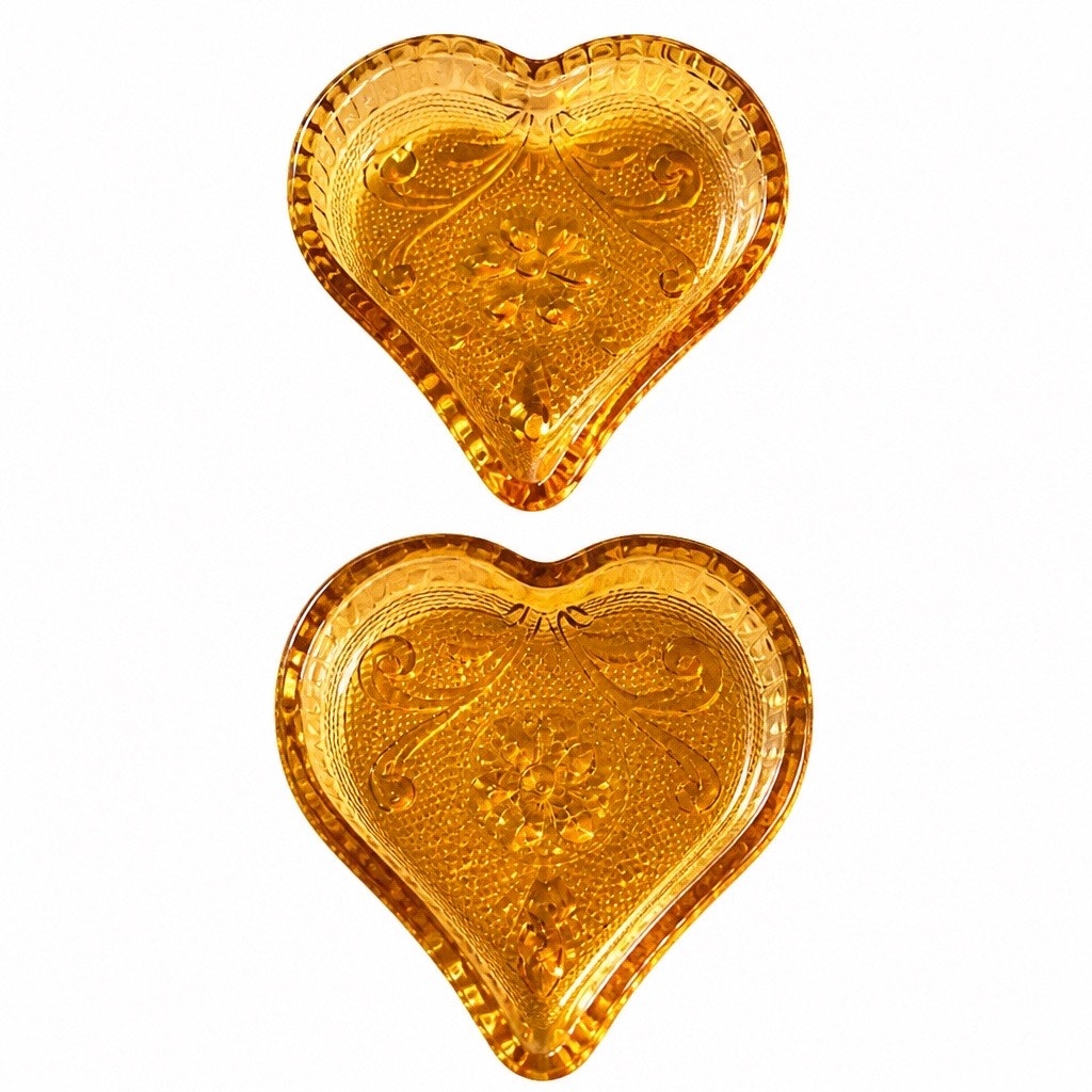 Vtg 70s Amber Indiana Glass Tiara Heart Shaped Ring Trinket Dish Pair