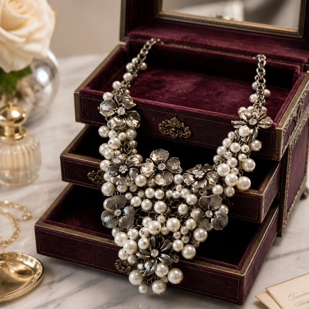 Silver Floral Bib Pearl Necklace Curated Set (3x)- Mid Century