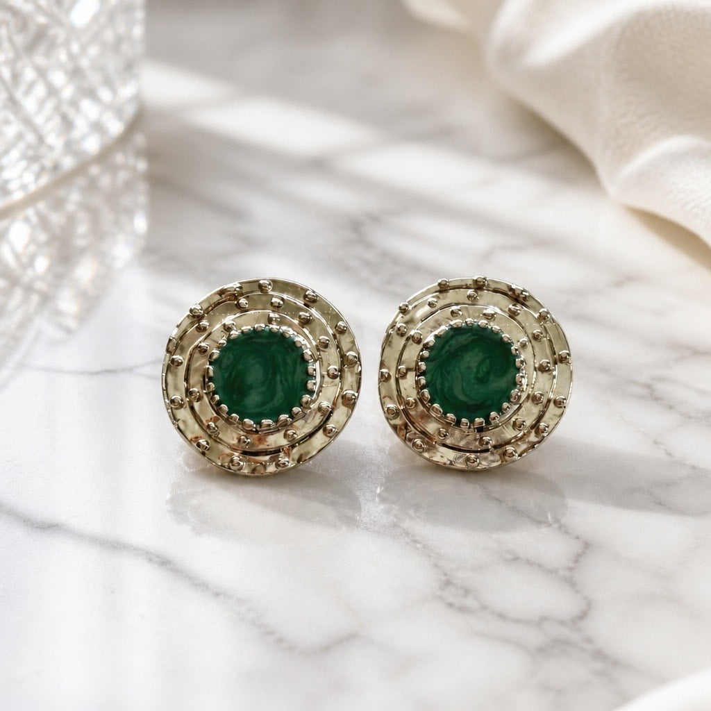 Vintage 1980s Malachite Emerald Green Stud Earrings — Chunky Gold Textured Buttons