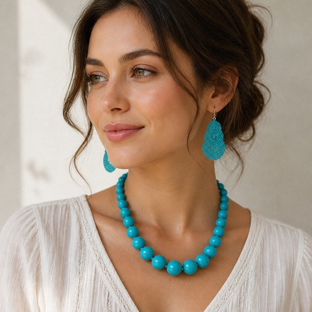 Chunky Howlite Turquoise Blue Beaded Statement Necklace & Featherlike Chandelier Drops