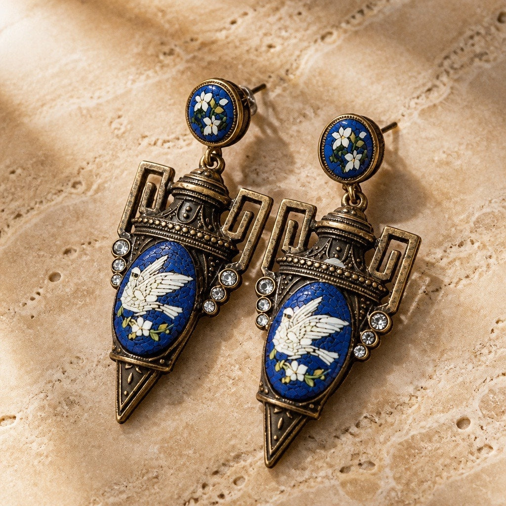 ✨ Pure Vintage Glam: SWEET ROMANCE Gilded Lapis Blue Dove Statement Earrings ✨