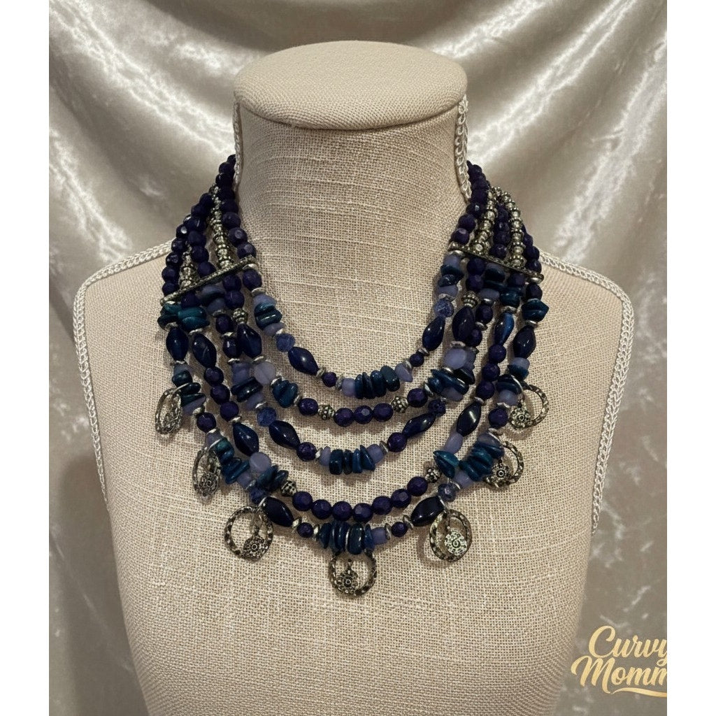 Bohemian Blue Multi-Strand Statement Necklace with Silver Charms-Premier Designs