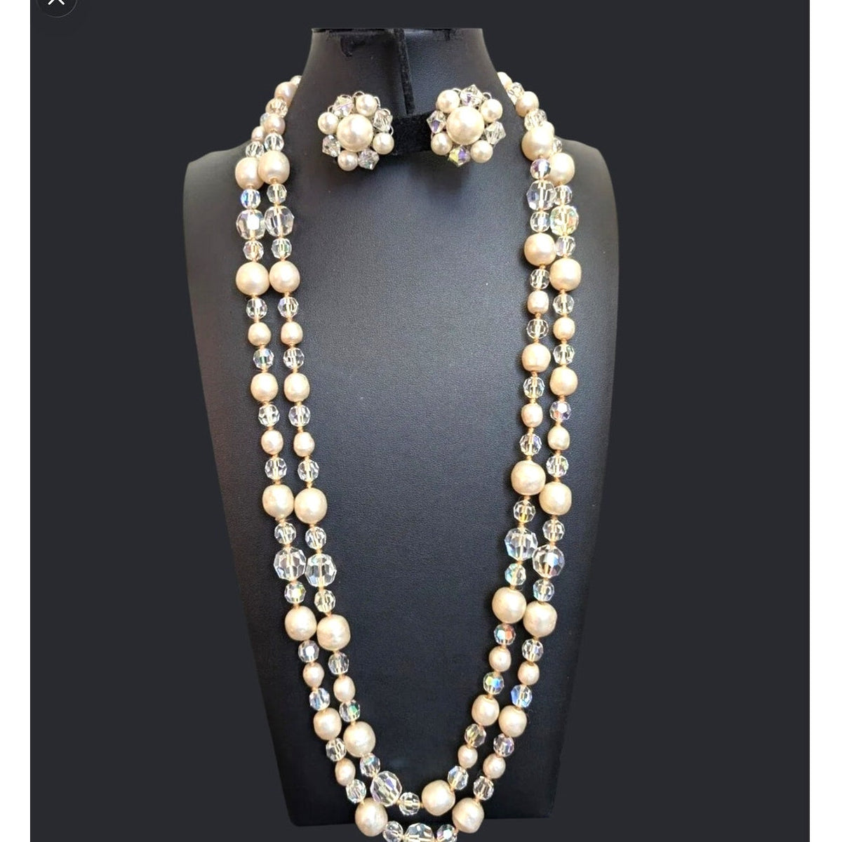 Vintage 1950s Faux Pearl and Aurora Borealis Crystal Layered Necklace Earrings Set