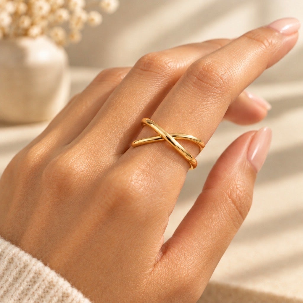 Modern Criss-Cross Wave Gold Plated Ring/Fluid Mid-Century Inspired Minimalism