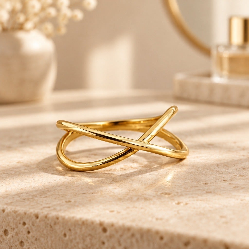 Modern Criss-Cross Wave Gold Plated Ring/Fluid Mid-Century Inspired Minimalism