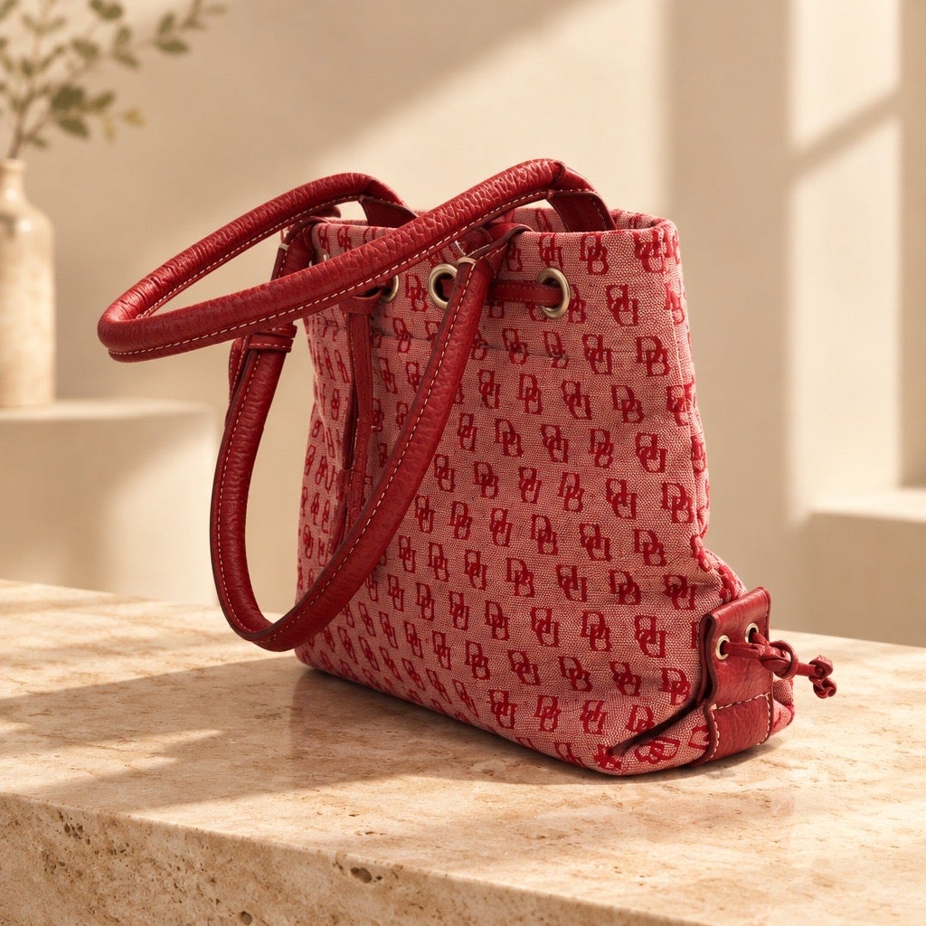 Circa 2000s Dooney & Bourke Y2K Monogram Canvas Tassel Drawstring Tote Handbag