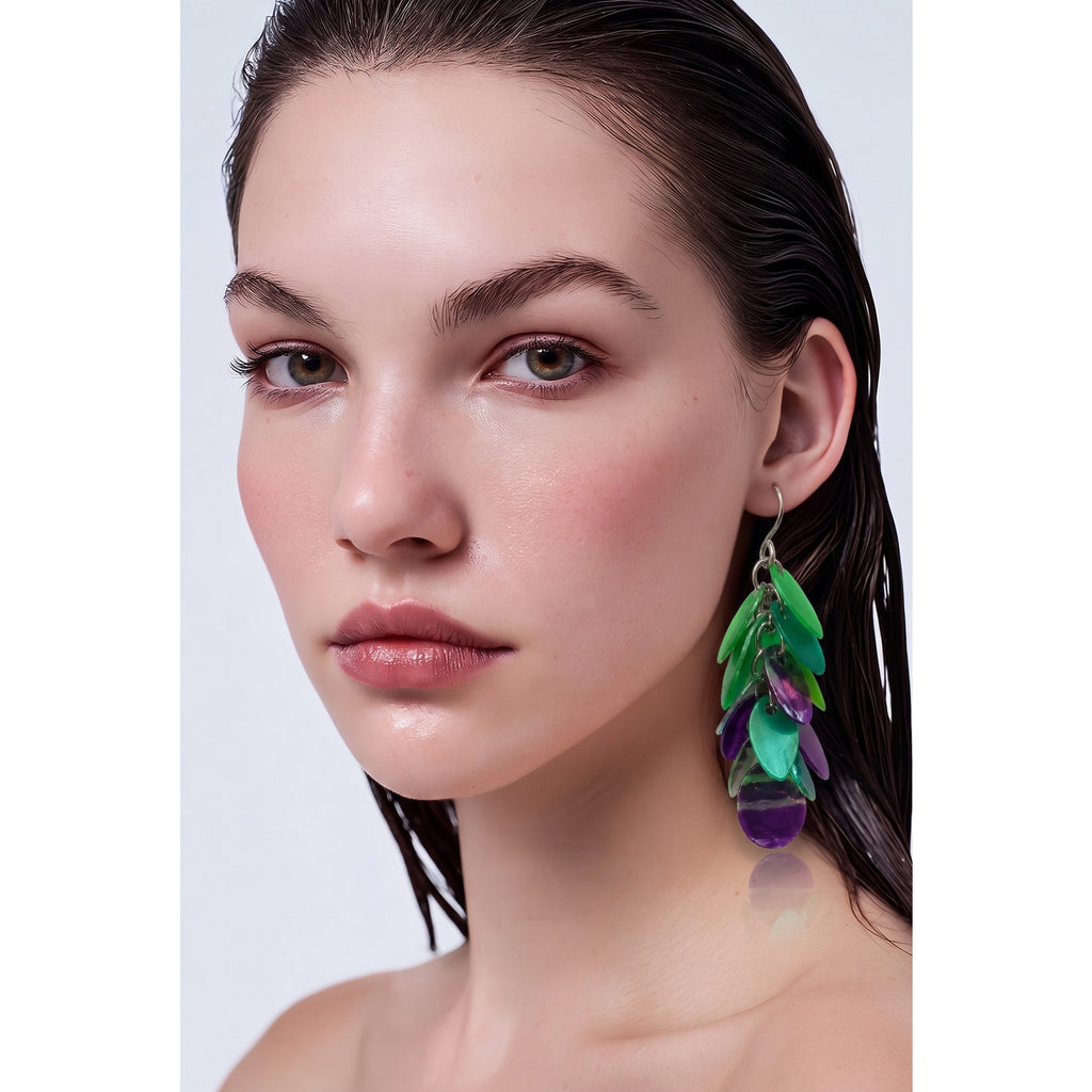 Y2K Iridescent Green & Purple Multi-Disc Drop Earrings — Festive Chandelier Shimmer Drops