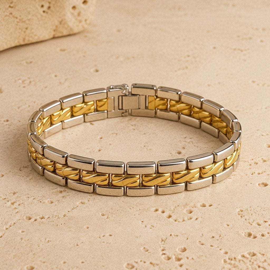 Two-Tone Silver & Gold Watch Band Link Bracelet – Chevron Textured Accent
