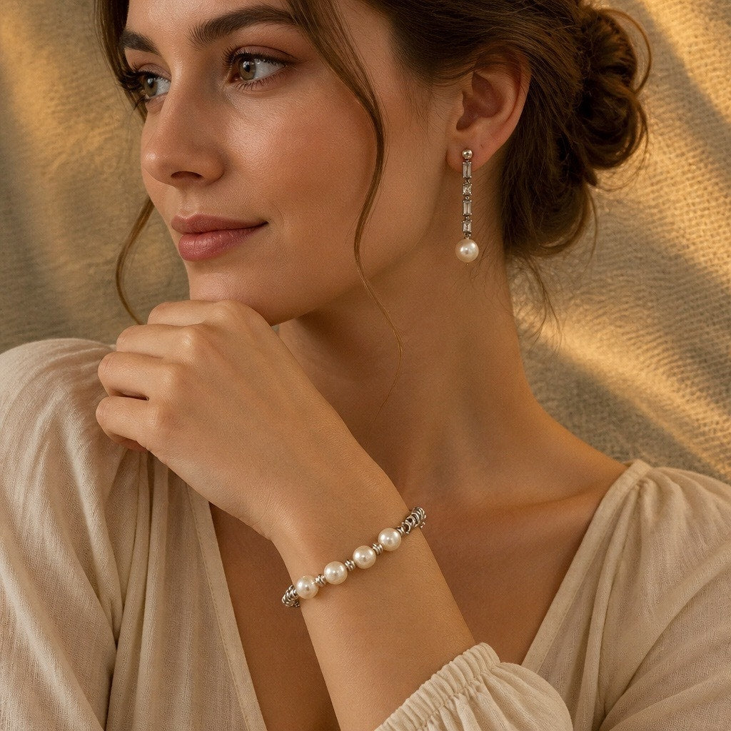 THE AUDREY HEPBURN TRIO Vintage Glass Pearl Earrings & Bracelet Set
