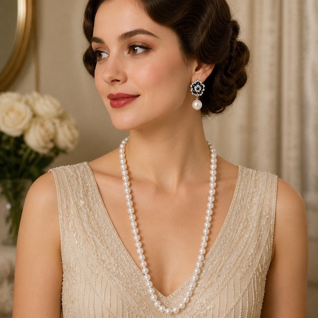 Chanel Style Pearl Necklace & 3 Pairs Earrings Set Gold Plated Mid Century