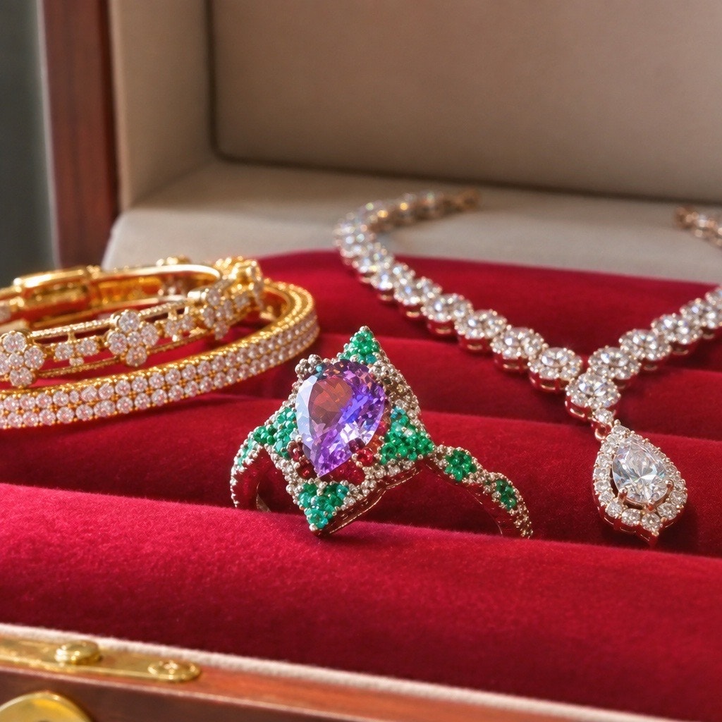 Vintage Cocktail Ring Purple Amethyst Green Emerald Halo Statement