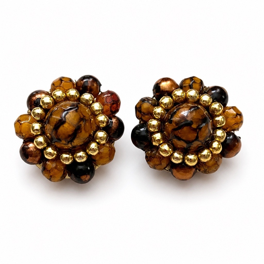 Vintage 1960s Hong Kong Tortoiseshell Cluster Clip-On Earrings