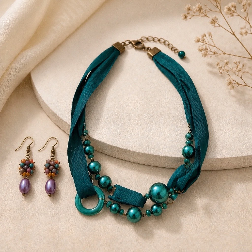 Vintage Maya Textured Teal Silk Ribbon Collar Set with Mixed Pearl Accents