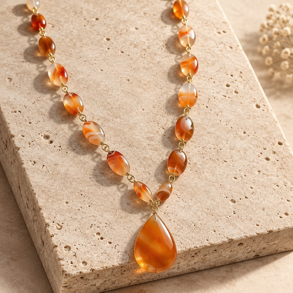 Luxury Banded Carnelian Agate Teardrop Necklace, Heavy Natural Gemstone Strand