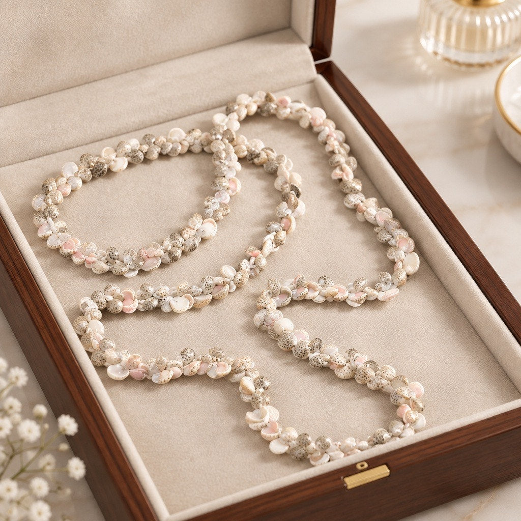 Vintage Hawaiian Style Multi-Strand Pink & White Momi Shell Layered Lei Necklace