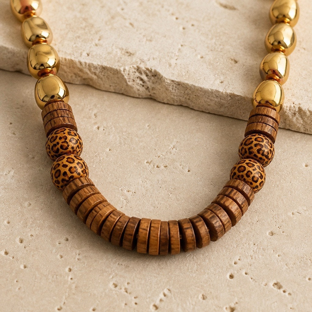 The Serengeti Strand – Natural Wood, Gold, & Leopard Print Statement Necklace