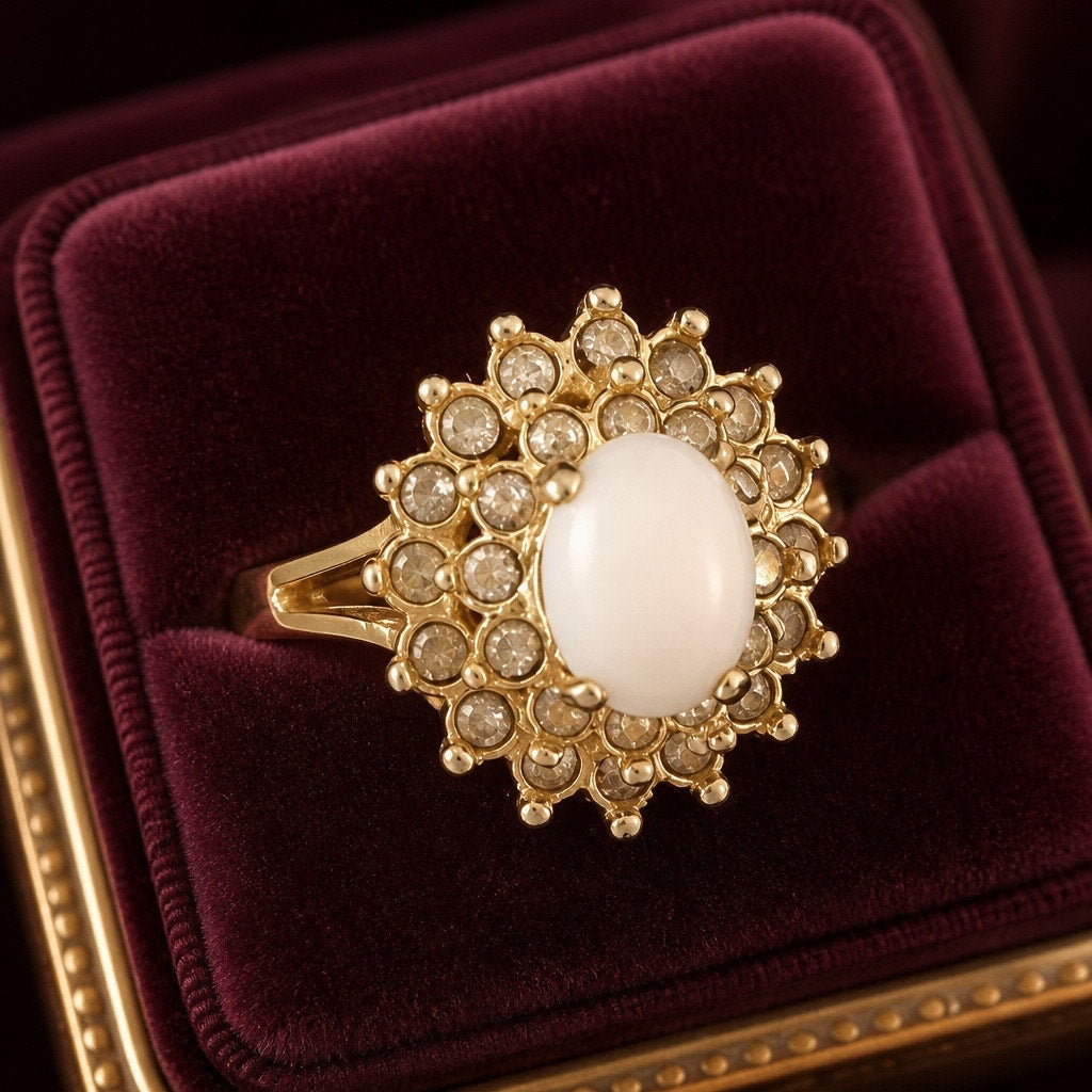 Vintage 18K HGE Gold Filigree White Cabochon Ring