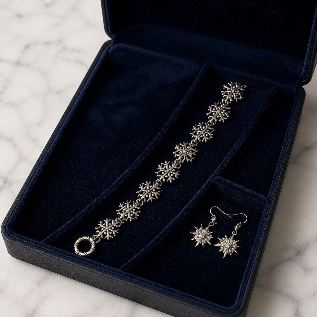 ❄️ Winter Snowflake Statement Set Multi Piece Silver Bracelet Earrings Gift Trio