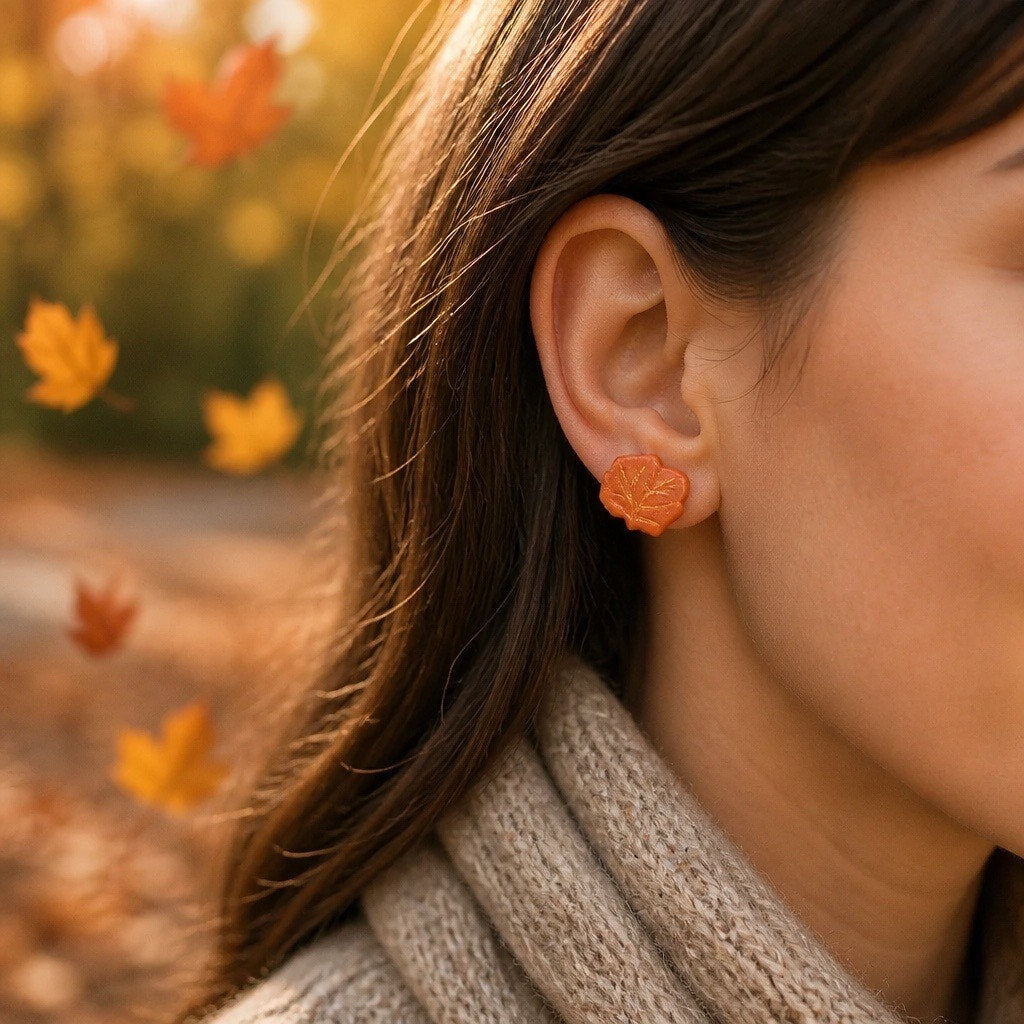 Handcrafted- One of a Kind- Orange Leaf Stud Earrings