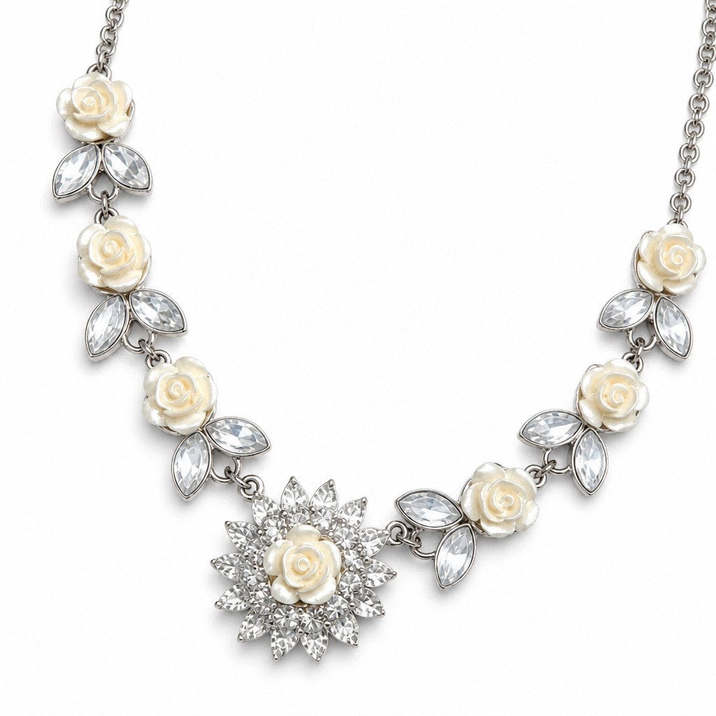 Icing Brand Cream Rose and Clear Rhinestone Statement Necklace