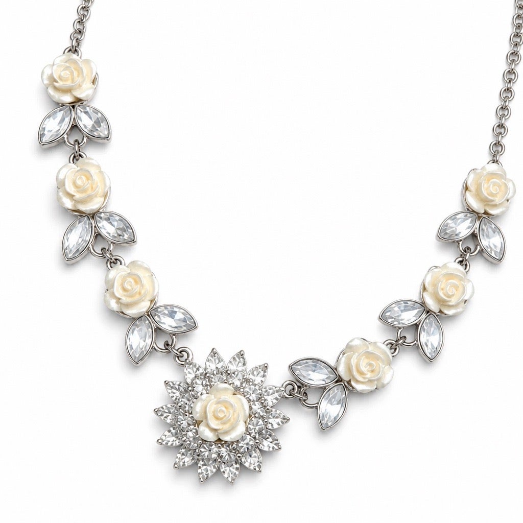 Icing Brand Cream Rose and Clear Rhinestone Statement Necklace