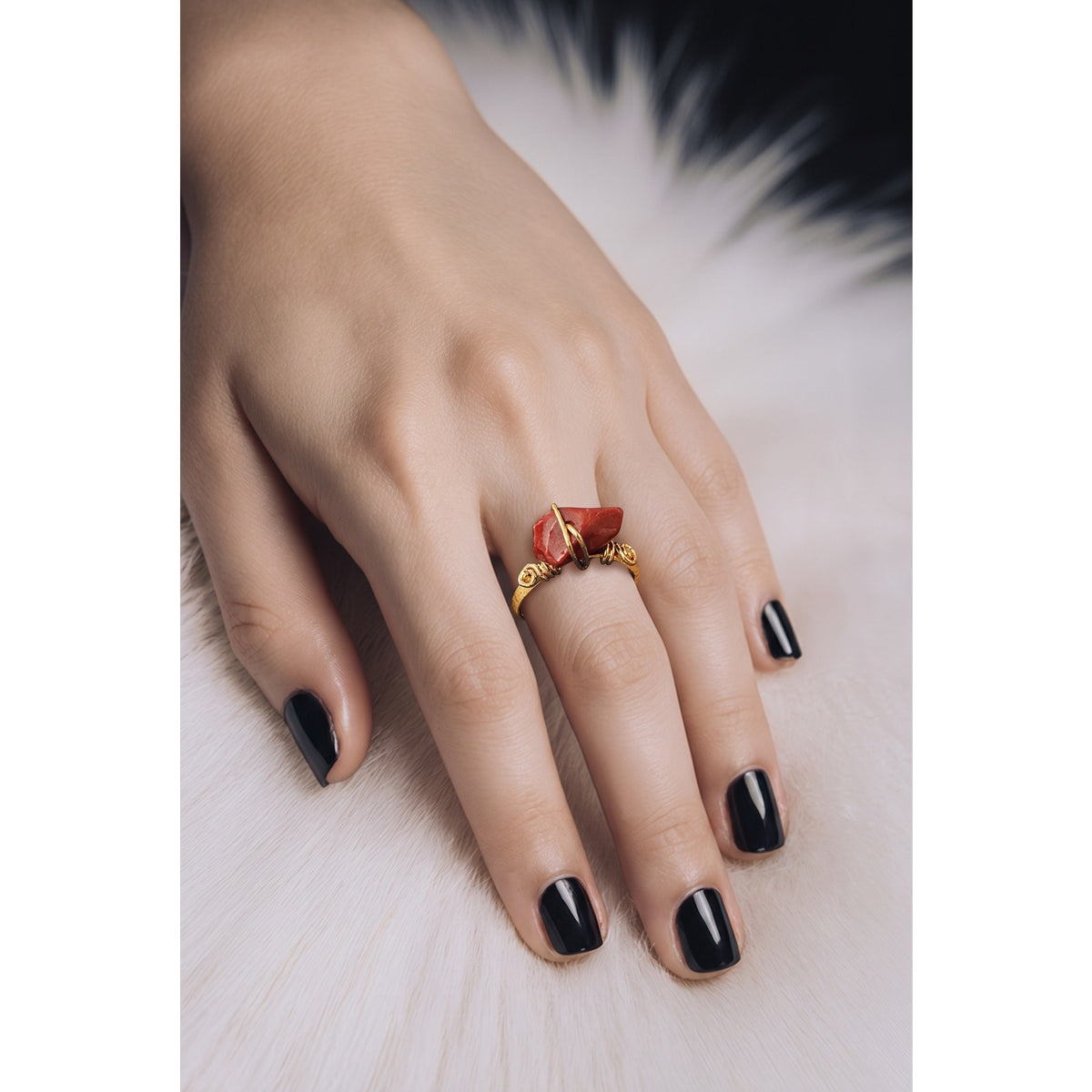 Raw Red Jasper Wire Wrapped Ring | Gold Textured Adjustable Crystal Band