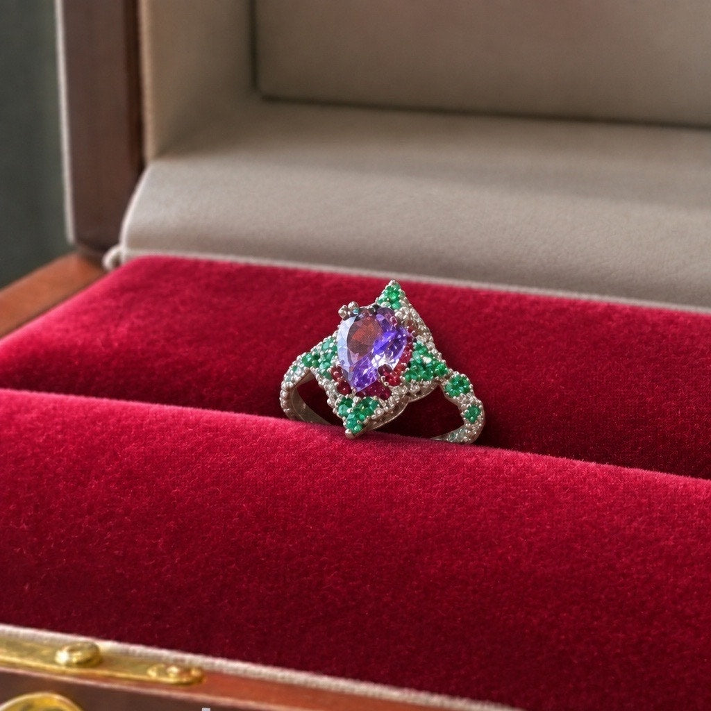 Vintage Cocktail Ring Purple Amethyst Green Emerald Halo Statement