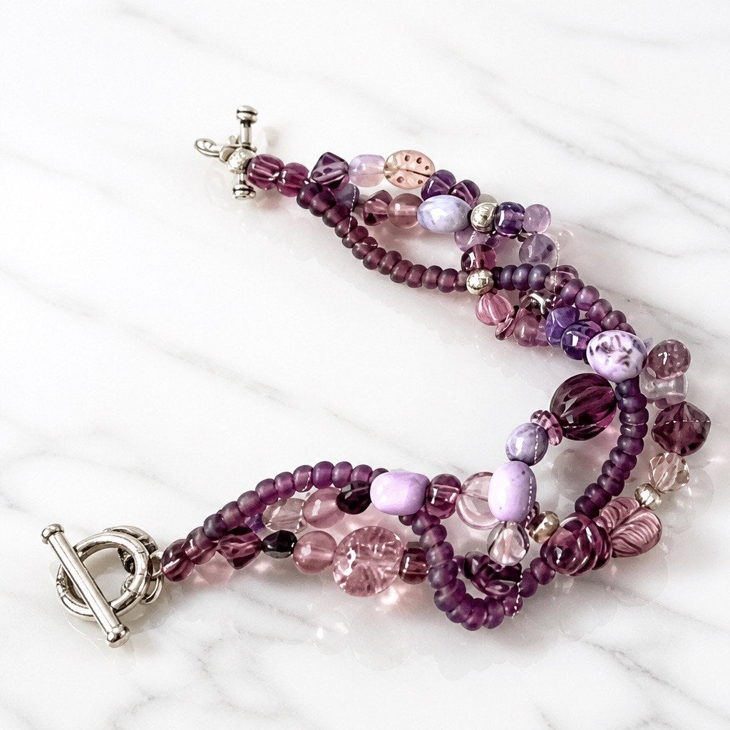 Vintage Multi Strand Purple Mixed Glass Bead Toggle Clasp Artisan Bracelet