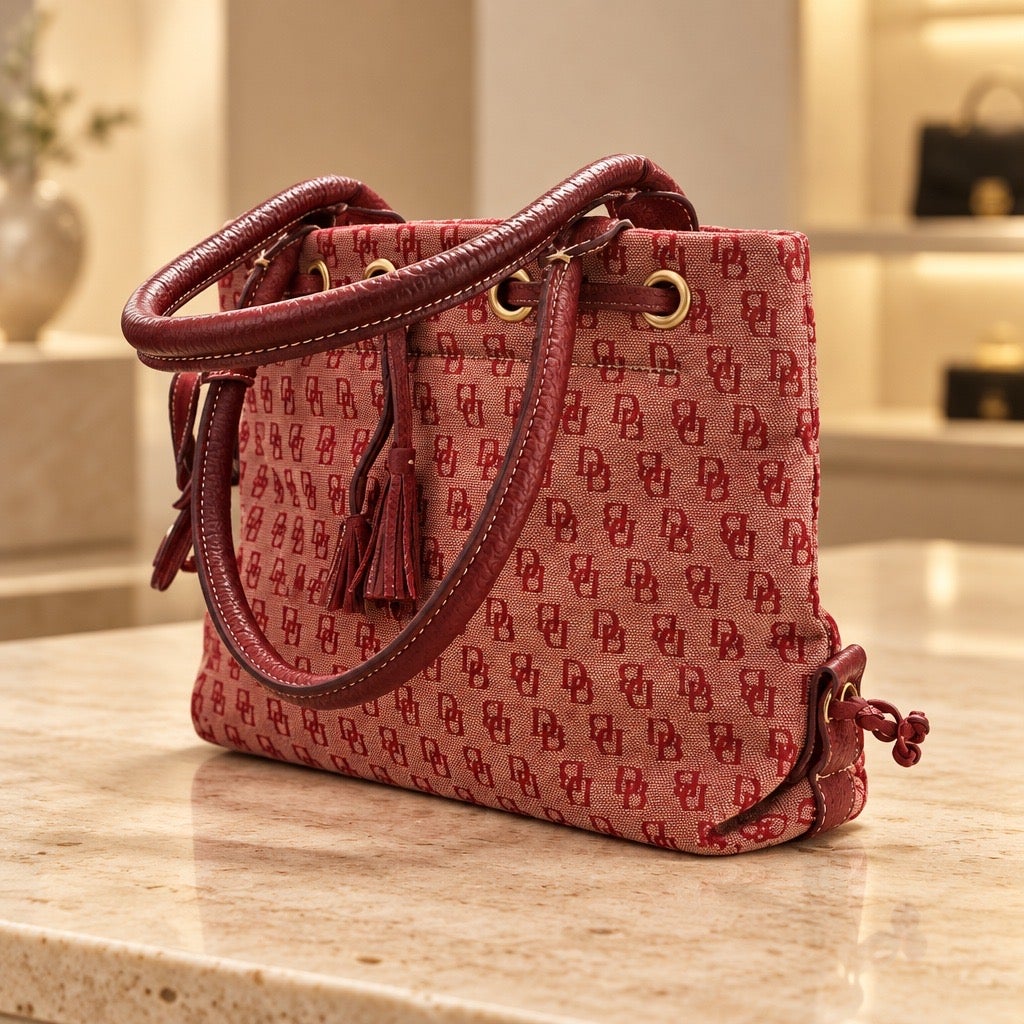 Circa 2000s Dooney & Bourke Y2K Monogram Canvas Tassel Drawstring Tote Handbag