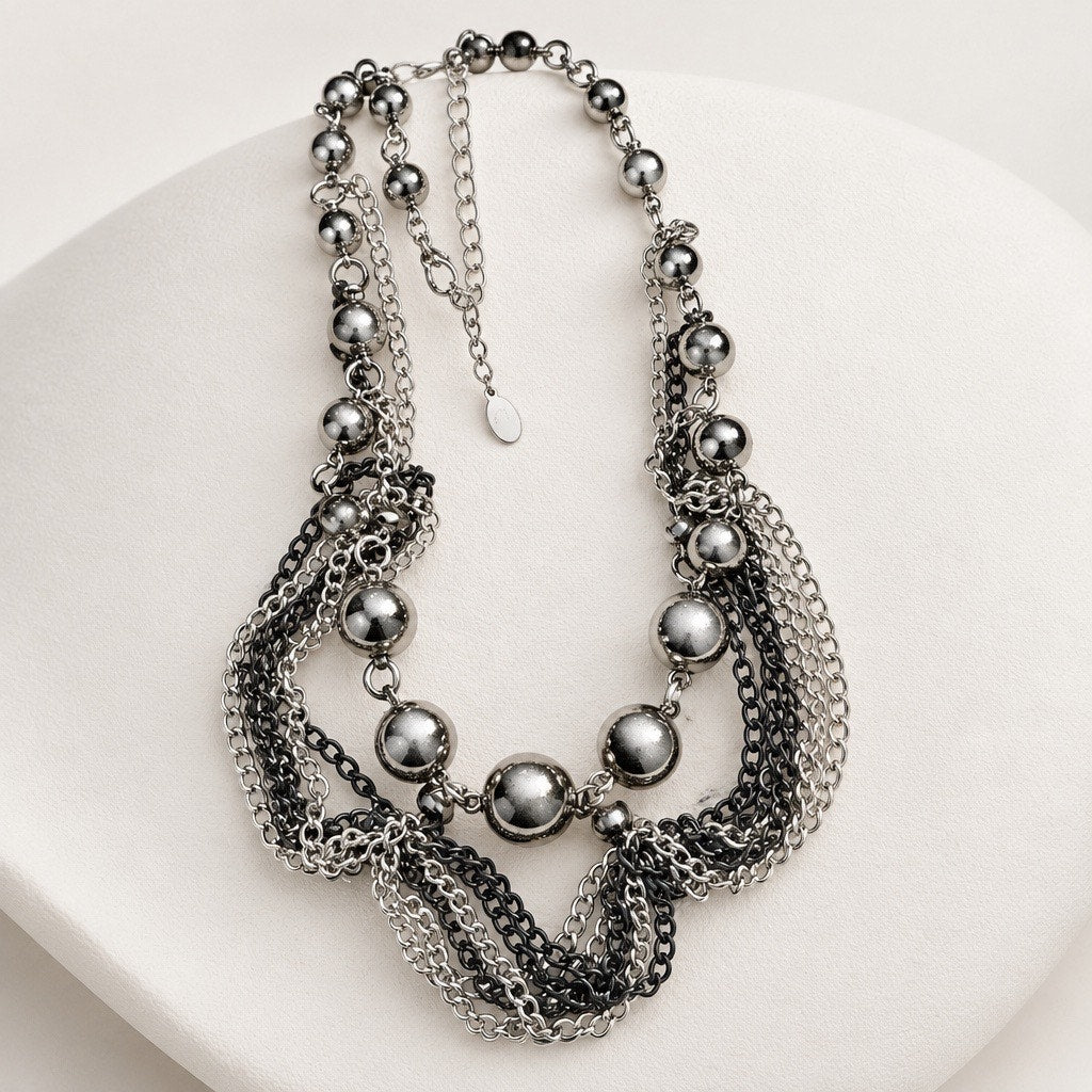 Authentic Chicos Chunky Silver Ball Bib Collar Layered Industrial Grunge