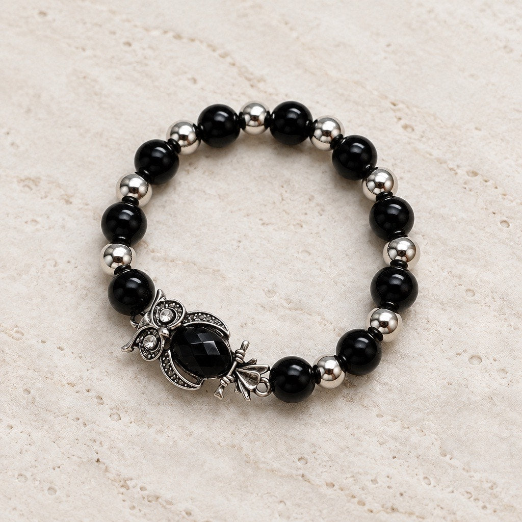 Midnight Obsidian Glass Strand Bracelet with Ornate Regal Owl Accent