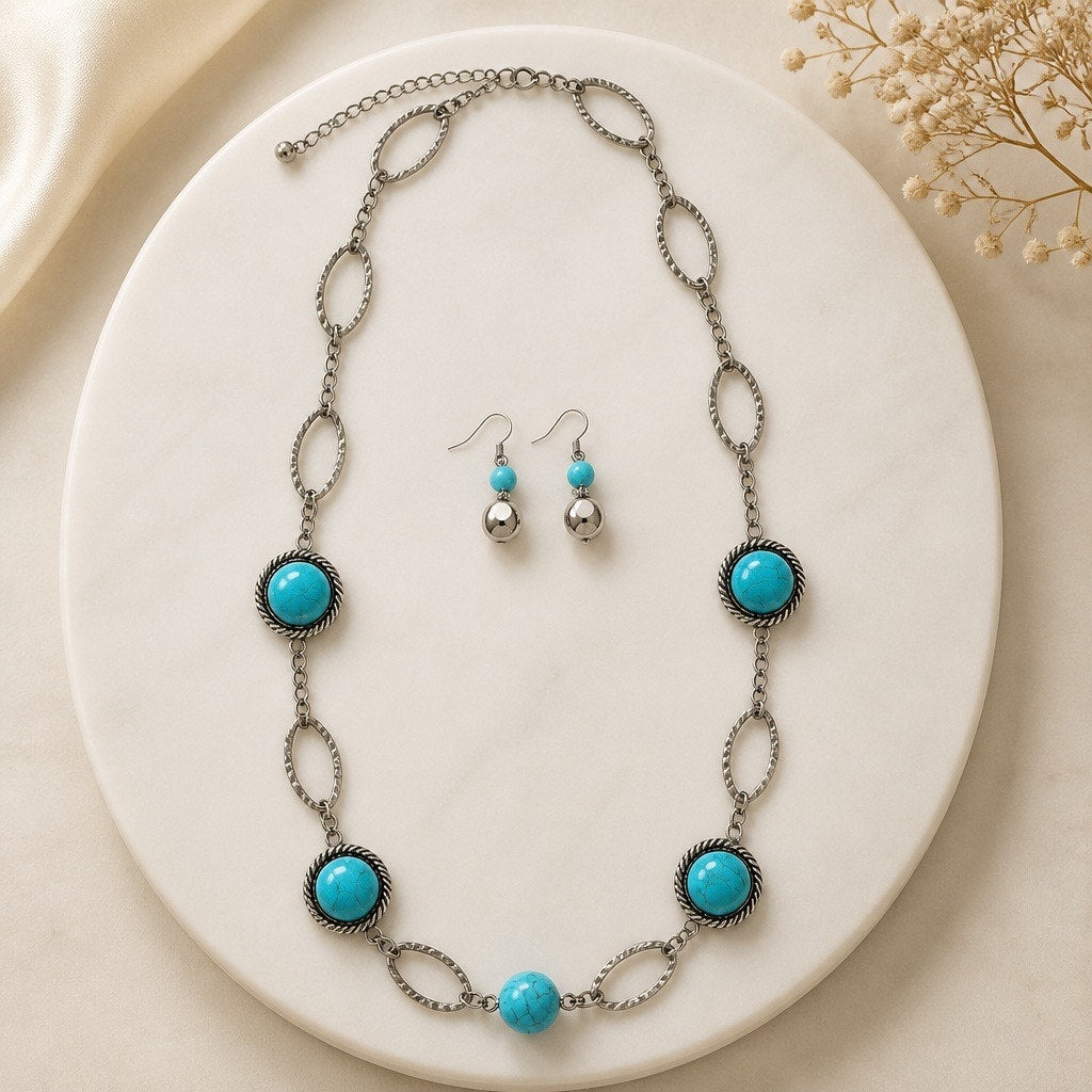Curated Santa Fe Turquoise Cabochon Station & Silver Bead Earring Set