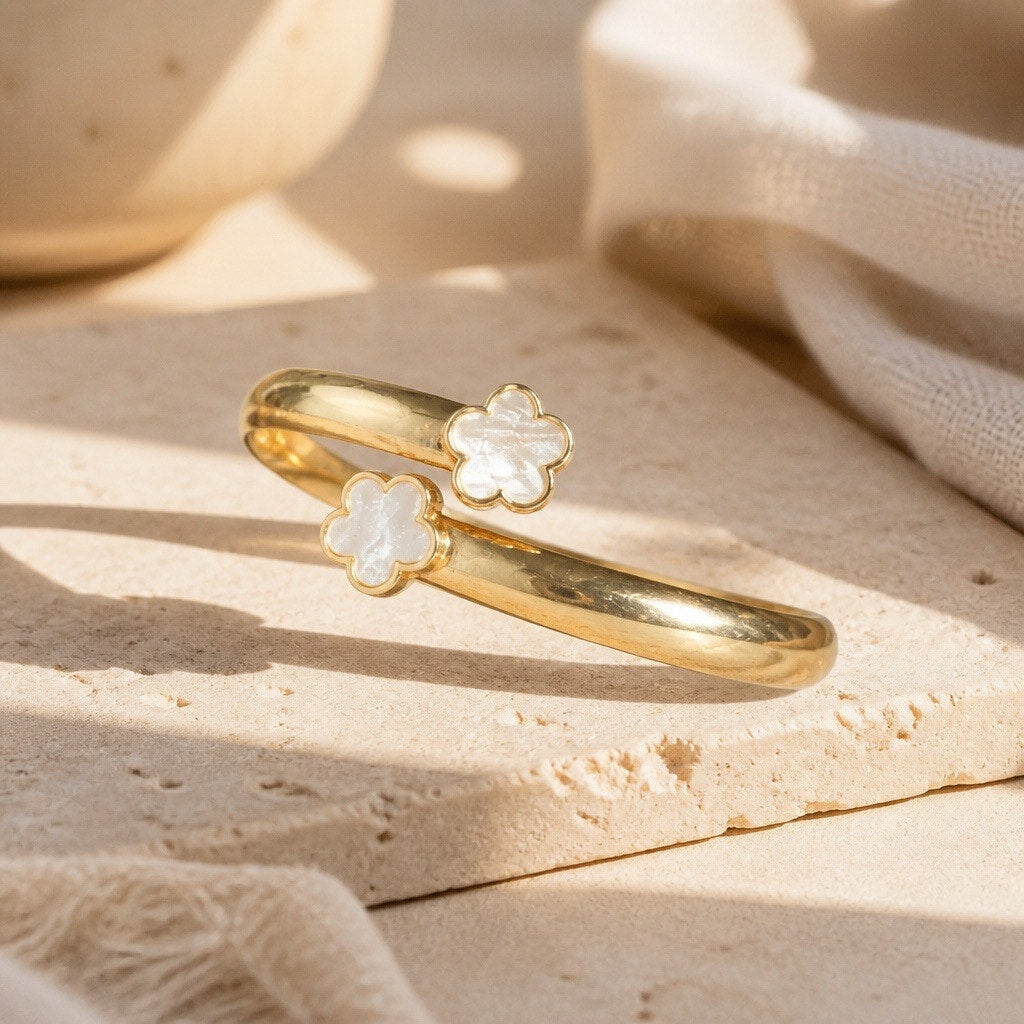 Elegant Gold-Tone Mother of Pearl Style Double Clover Open Cuff Bangle