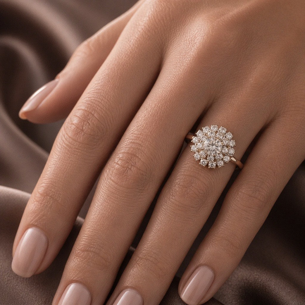 Vintage Rhinestone Sunburst Dome Cocktail Ring • Mid-Century Glamour Statement