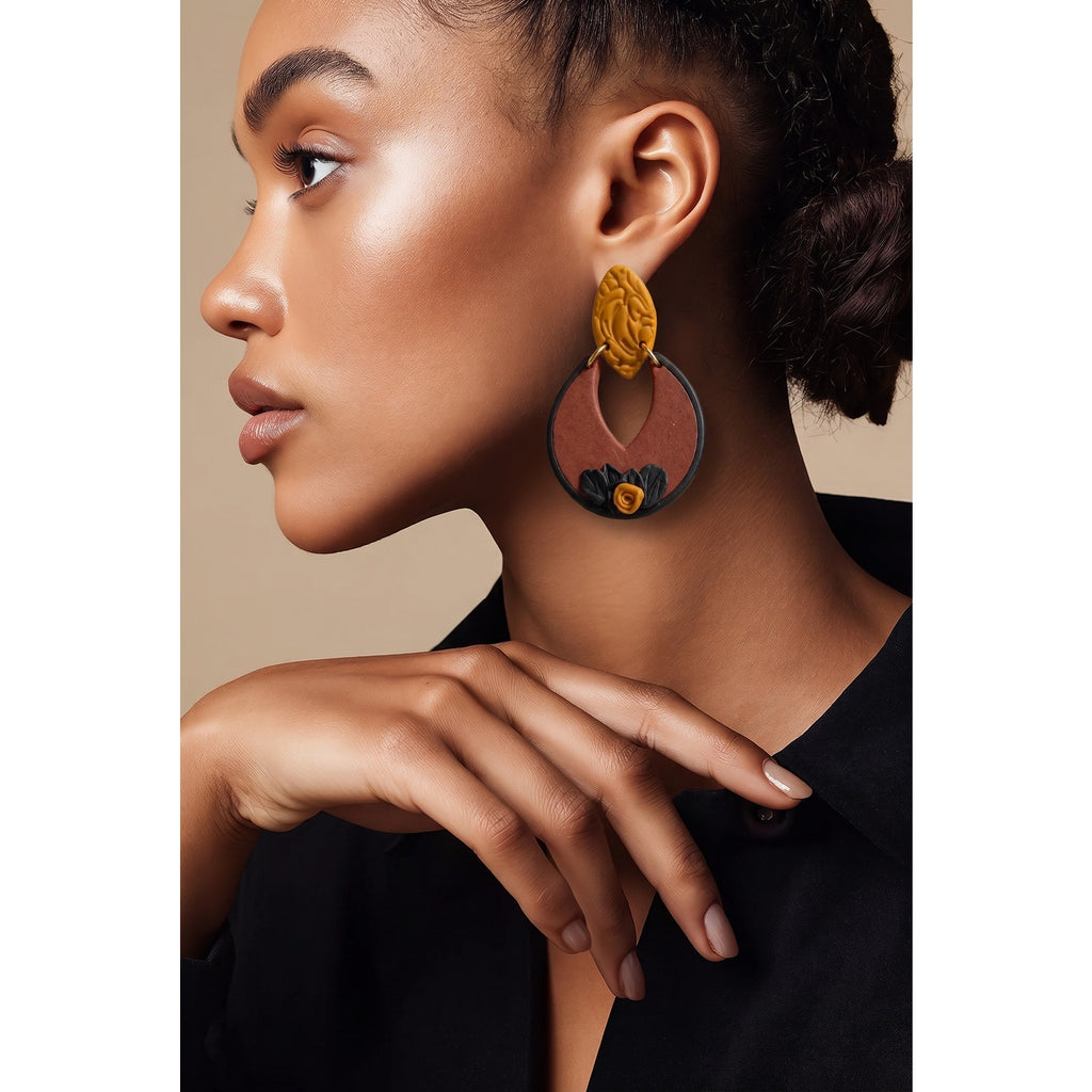 Artisan Neutral Polymer Clay Geometric Drop Earrings, Matte Earthy Tone Abstract Hoop Jewelry