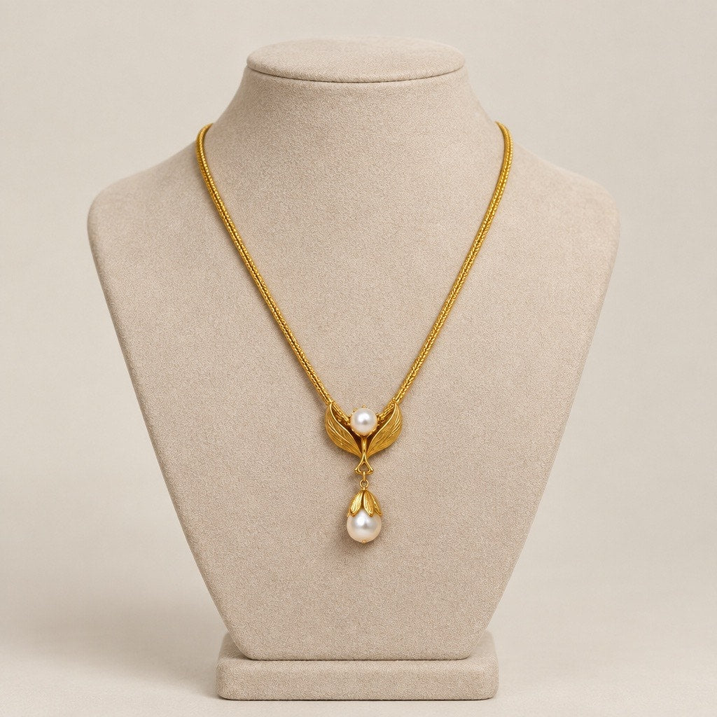 Vintage Gold Woven Mesh & Glass Pearl Drop Pendant Necklace - Dior Style