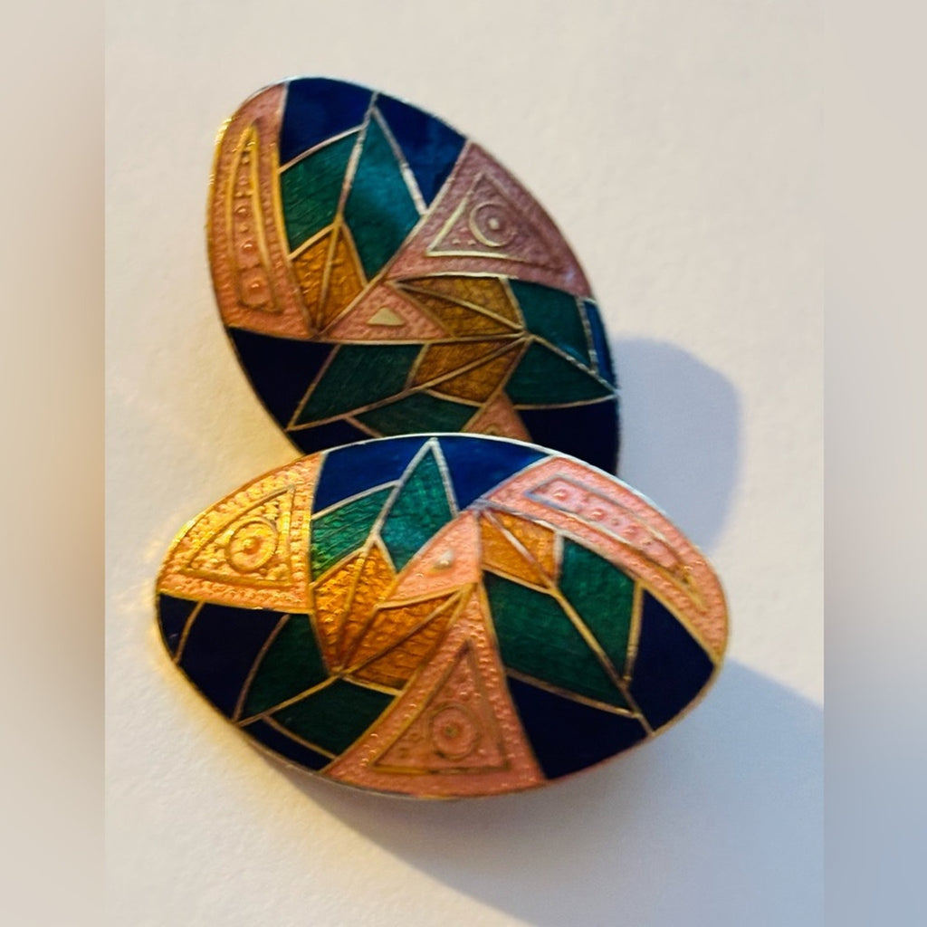 Vintage Geometric Enamel Oval Earrings
