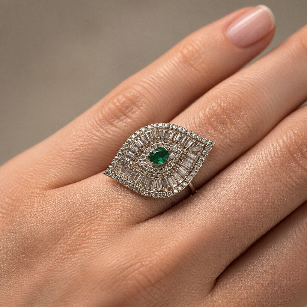 Vintage Art Deco Emerald Sunburst Ring, Gold Finish Lab-Grown Emerald Cocktail Ring